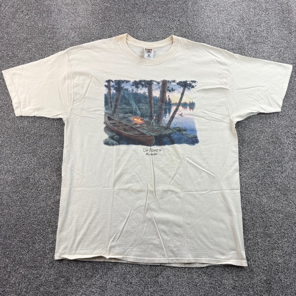 Vintage Up North Michigan Shirt Mens 2XL Tan Cotton Canoe Campsite River Lake